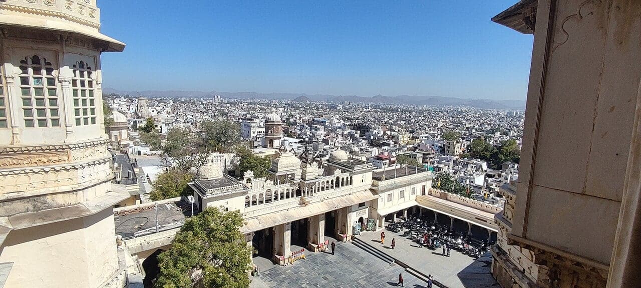 Courtyards and the city skyline viewed from Udaipur City Palace